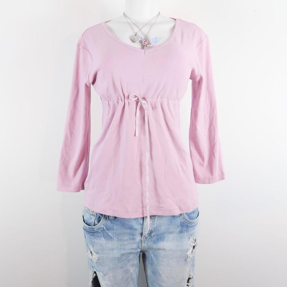 y2k baby pink babydoll tie waist long sleeve top